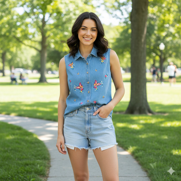 Vintage Blue Denim Jean Button Front Embroidered Butterfly Flower Woman Large - Picture 1 of 6